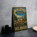 A vintage-style sign for the Winterthur Museum and Country Estate in Delaware, featuring an illustration of a historic building surrounded by flowers and greenery.