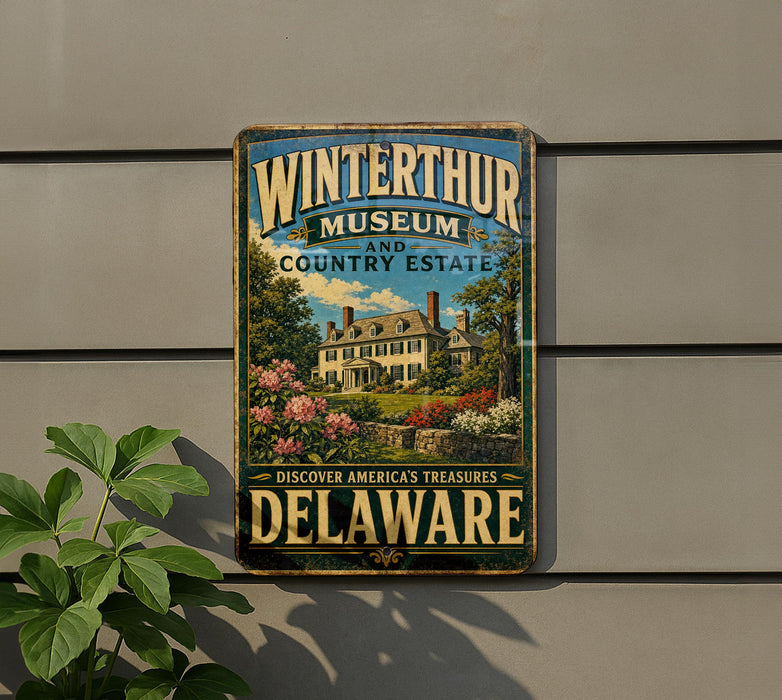 A vintage metal sign for the Winterthur Museum and Country Estate in Delaware, featuring an illustration of a historic building surrounded by trees and flowers.