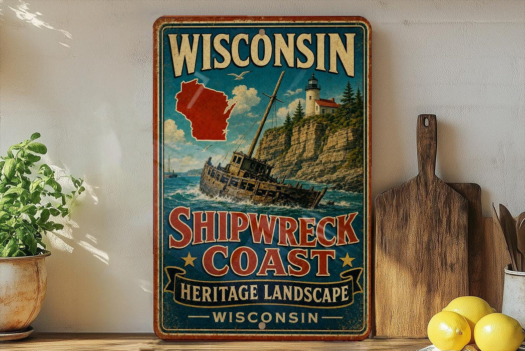 A vintage-style sign for Wisconsin's Shipwreck Coast, featuring a lighthouse and a ship on a rocky coastline.