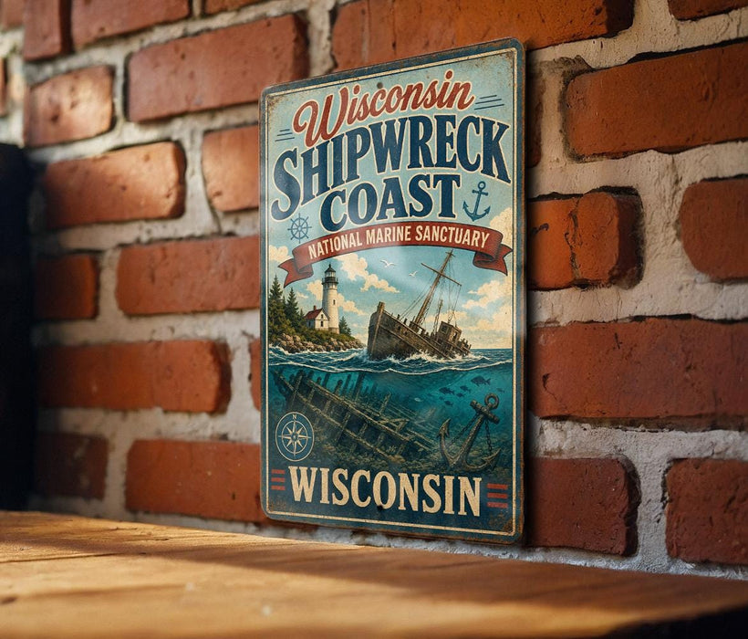 A vintage-style metal sign for the Wisconsin Shipwreck Coast, featuring a lighthouse and a shipwreck, is displayed on a brick wall.