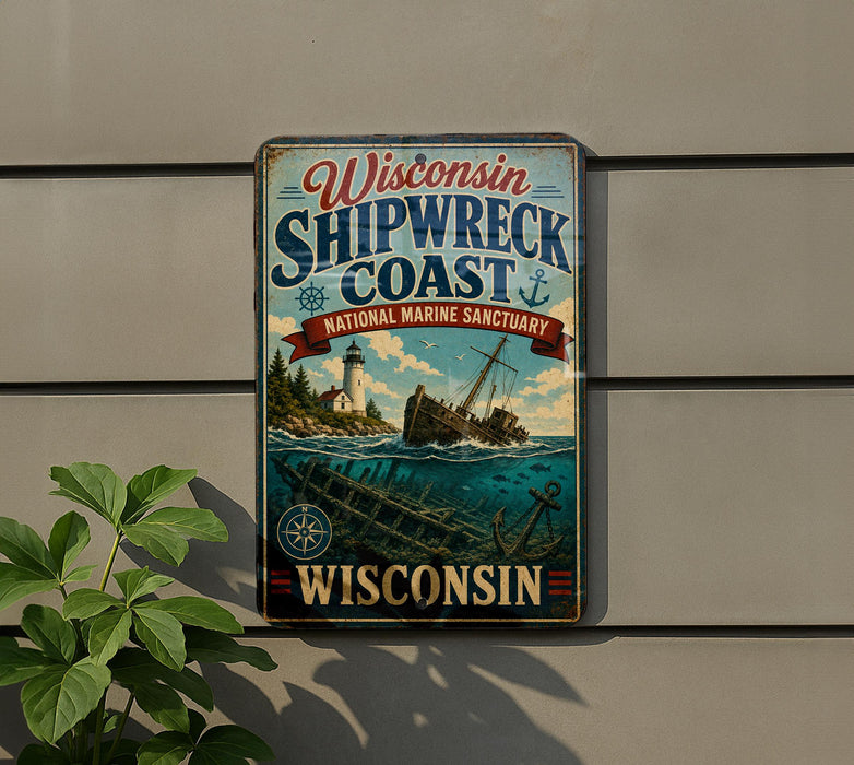 A vintage-style metal sign for the Wisconsin Shipwreck Coast, featuring a lighthouse and a shipwreck in the background.