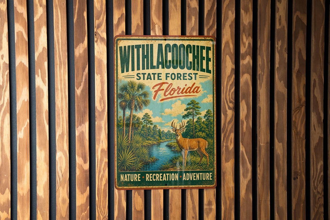 A vintage metal sign with the text "WITHLACOCHEE STATE FOREST Florida" and an illustration of a deer in a forest setting.