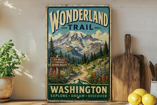 A vintage-style metal sign with a mountain landscape and trail sign, advertising the Wonderland Trail in Washington.