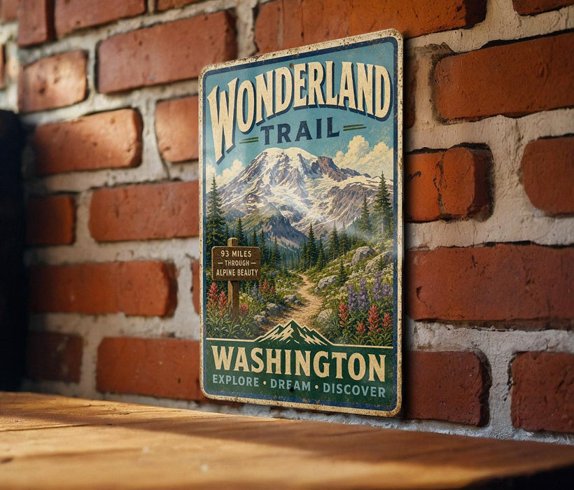 A vintage-style metal sign for the Wonderland Trail in Washington, featuring a mountain landscape and trail marker.