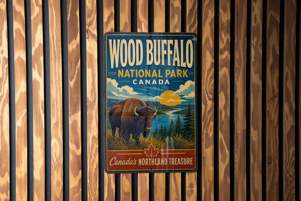 A vintage-style metal sign for Wood Buffalo National Park in Canada, featuring an illustration of a bison in a grassy field with a lake and mountains in the background.
