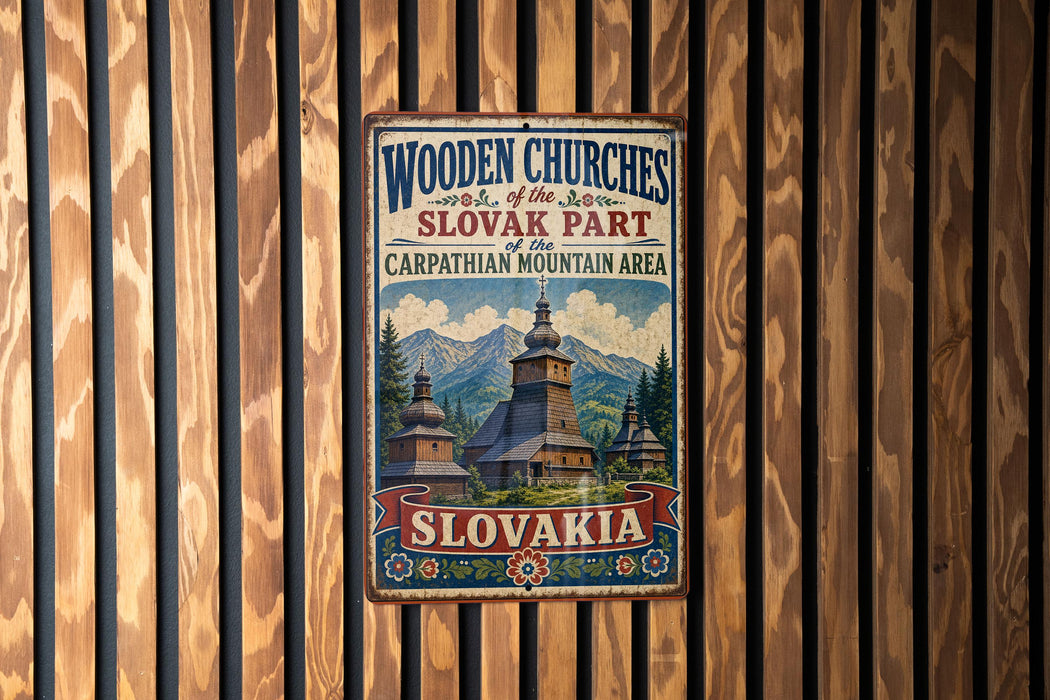 A vintage metal sign with text and an illustration of a church in the Carpathian Mountains, indicating the location of the wooden churches in the Slovakian part of the Carpathian Mountain area.