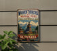 A vintage-style metal sign with text and an illustration of wooden churches in the Carpathian Mountains, located in the Czech Republic.