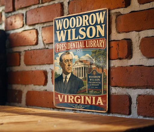 A vintage-style metal sign for the Woodrow Wilson Presidential Library in Virginia, featuring an illustration of a man in a suit and tie.