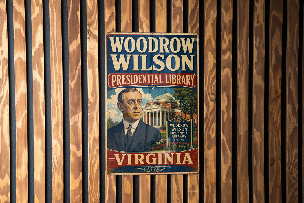 A vintage Woodrow Wilson Presidential Library poster is displayed on a wooden wall.