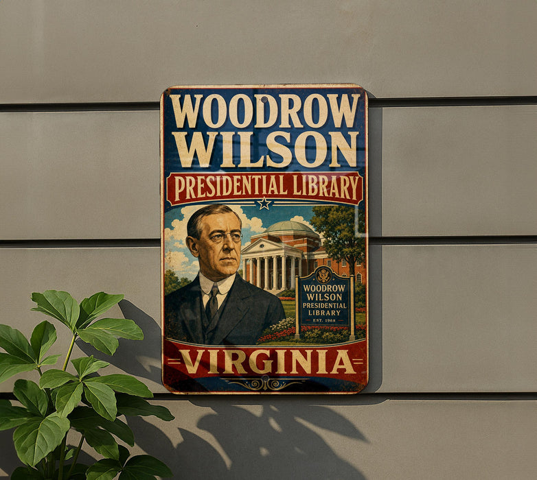 A vintage-style sign for the Woodrow Wilson Presidential Library in Virginia, featuring an illustration of a man in a suit and tie.