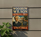 A vintage-style sign for the Woodrow Wilson Presidential Library in Virginia, featuring an illustration of a man in a suit and tie.