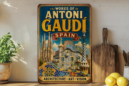 A vintage-style metal sign with the text "WORKS OF ANTONI GAUDI SPAN" and an illustration of the Sagrada Familia, a famous Barcelona landmark. The sign is displayed on a shelf next to a wooden cutting board and a potted plant.