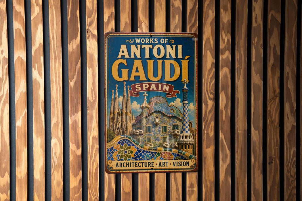 A vintage metal sign with the text "WORKS OF ANTONI GAUDI SPAIN ARCHITECTURE ART VISION" is displayed on a wooden wall.