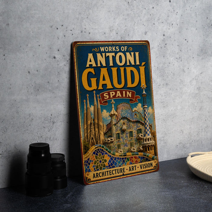 A vintage metal sign with the text "WORKS OF ANTONI GAUDI SPAN" and an illustration of the Sagrada Familia, a famous Barcelona cathedral, is displayed on a gray countertop.