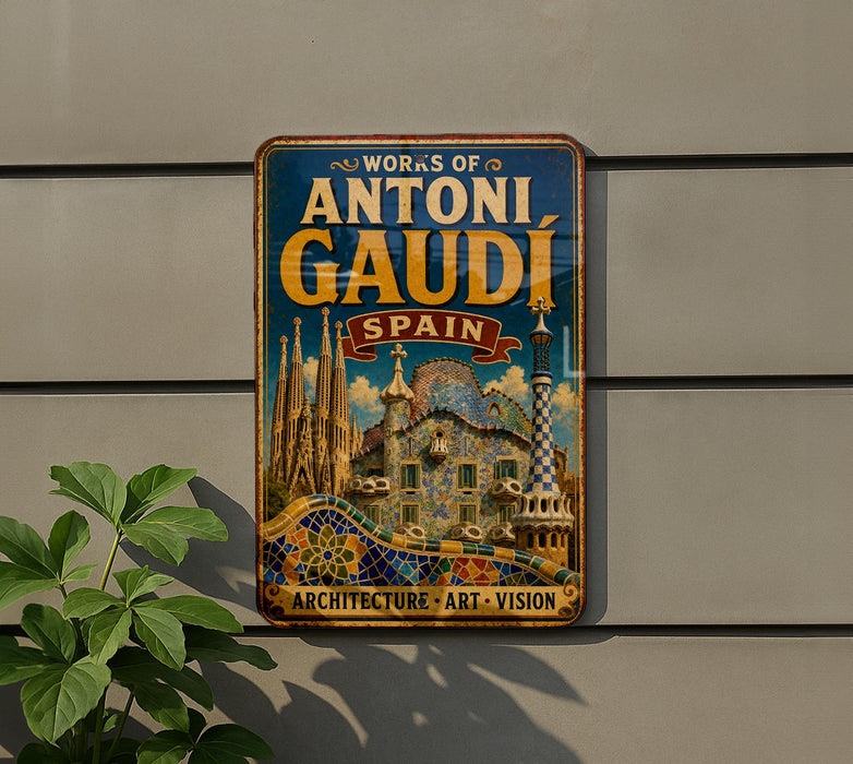 A vintage metal sign with the text "WORKS OF ANTONI GAUDI SPAIN ARCHITECTURE - ART - VISION" is displayed on a wall, with a plant visible to the left.