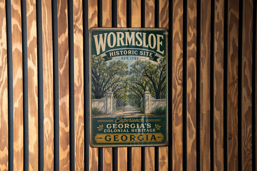A metal sign with the text "Wormsloe Historic Site" and "Experience Georgia's Colonial Heritage" is displayed on a wooden wall.
