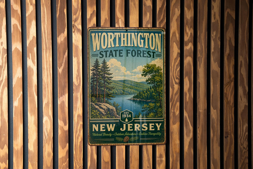 A vintage metal sign for Worthington State Forest in New Jersey, featuring a scenic landscape with pine trees, a lake, and mountains.
