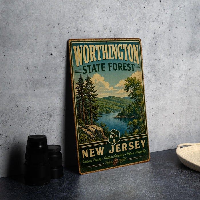 A vintage-style metal sign for Worthington State Forest in New Jersey, featuring a scenic landscape with pine trees, a lake, and mountains.