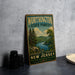 A vintage-style metal sign for Worthington State Forest in New Jersey, featuring a scenic landscape with pine trees, a lake, and mountains.