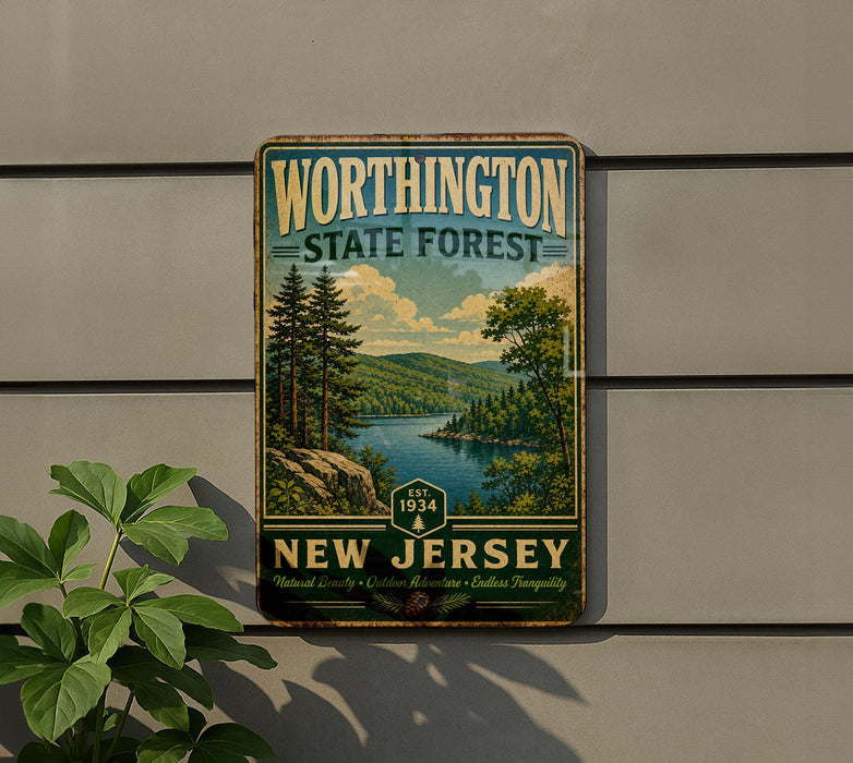A vintage-style metal sign for WorthINGTON, STATE FOREST, New Jersey, featuring a scenic landscape with pine trees, a lake, and mountains.