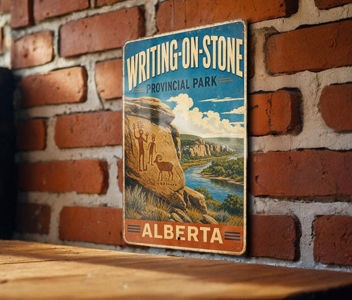 A vintage-style metal sign for Writing-On-Stone Provincial Park in Alberta, Canada, featuring a scenic landscape with a river and mountains.
