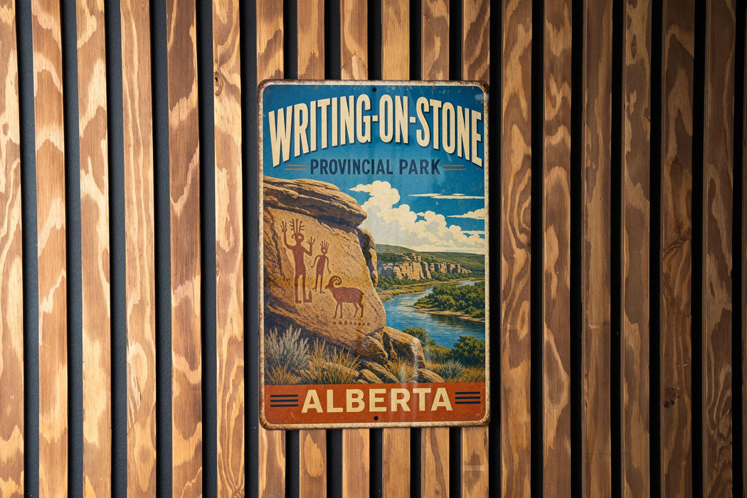 A vintage metal sign for Writing-On-Stone Provincial Park in Alberta, Canada, featuring a scenic landscape with a river and mountains.