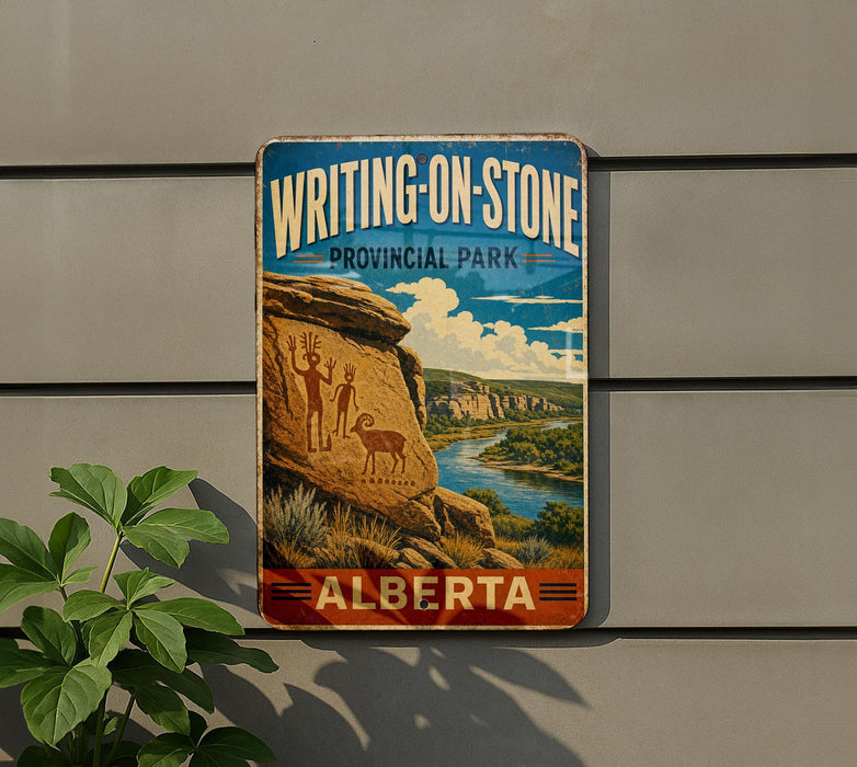 A vintage-style sign for Writing-on-Stone Provincial Park in Alberta, Canada, featuring an illustration of a rock with figures and a river in the background.