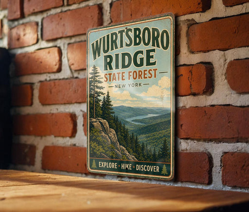 A vintage-style metal sign for Wurtsboro Ridge State Forest in New York, featuring a scenic mountain landscape with pine trees and a river.