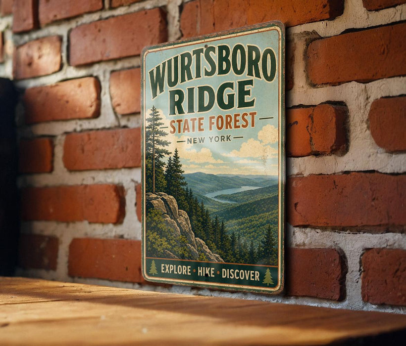A vintage-style metal sign for Wurtsboro Ridge State Forest in New York, featuring a scenic mountain landscape with pine trees and a river.