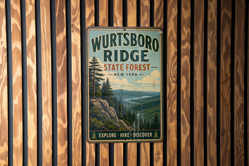 A vintage metal sign for Wurtsboro Ridge State Forest in New York, featuring a scenic mountain landscape with pine trees and a lake.