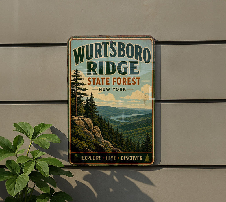 A vintage-style sign for Wurtsboro Ridge State Forest in New York, featuring a scenic mountain landscape with pine trees and a lake.