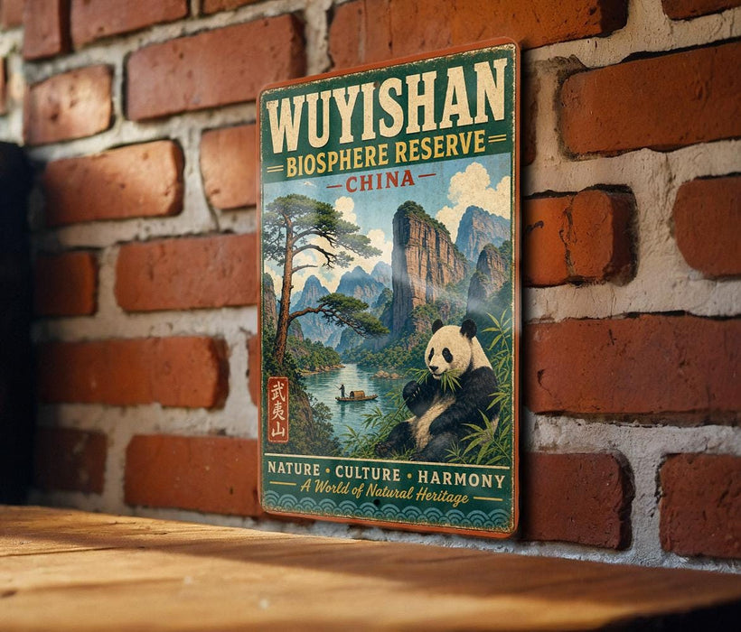 A vintage-style sign for Wuyishan Biosphere Reserve in China, featuring a panda bear and a scenic landscape.
