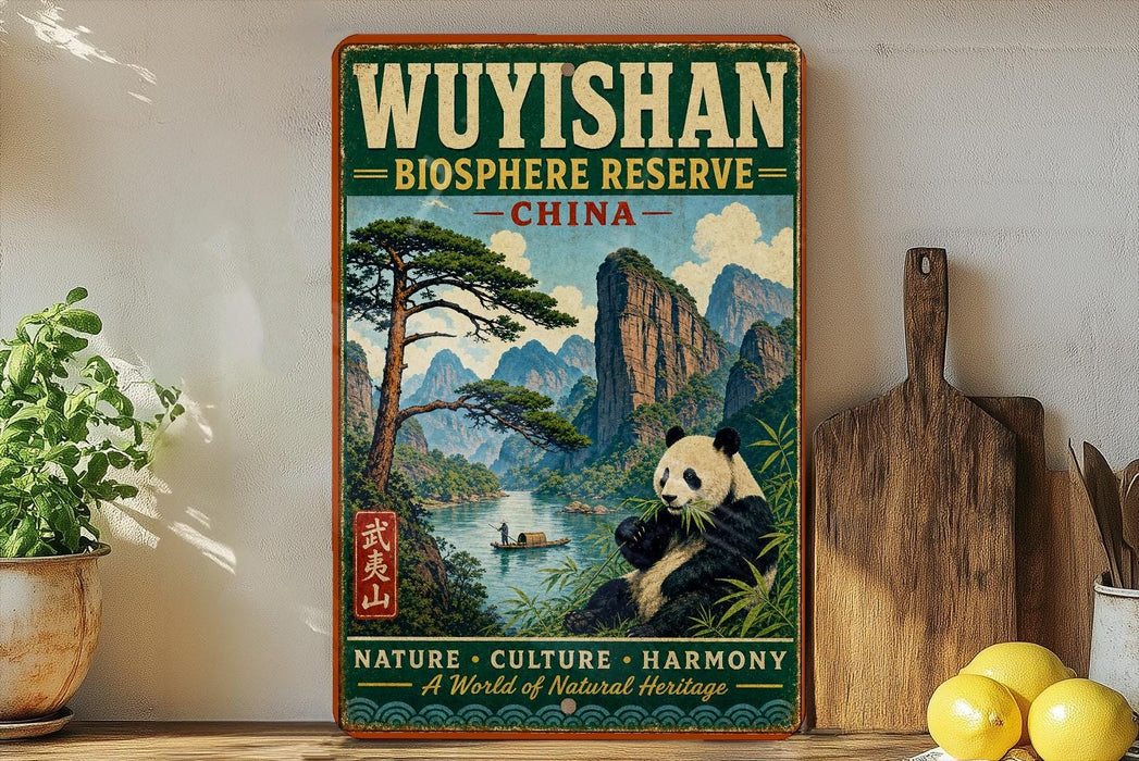 A vintage-style poster advertising the Wuyishan Biosphere Reserve in China, featuring a panda bear and a scenic landscape.