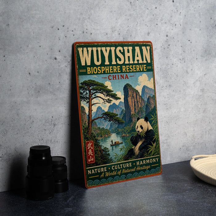 A vintage-style poster advertising the Wuyishan Biosphere Reserve in China, featuring a panda bear and a scenic landscape.