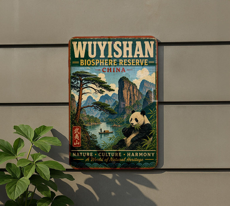 A vintage-style sign for the Wuyishan Biosphere Reserve in China, featuring a panda bear and a scenic landscape.
