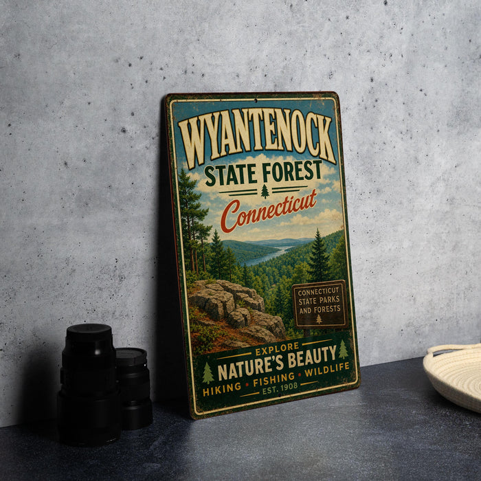 A vintage-style metal sign for Wyantenock State Forest in Connecticut, featuring a scenic landscape with pine trees and a river.