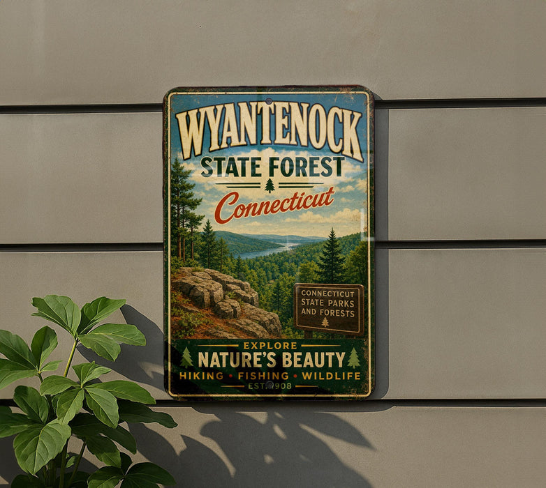 A vintage-style metal sign for Wyantenock State Forest in Connecticut, featuring a scenic image of the forest and mountains.