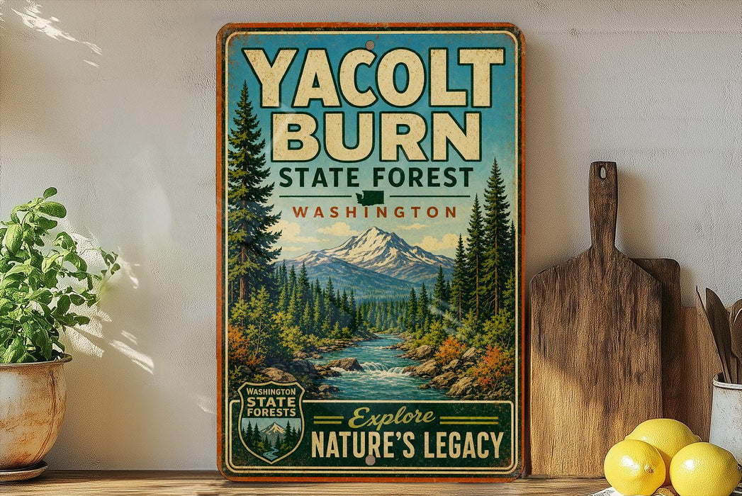 A vintage-style sign for Yacolt Burn State Forest in Washington, featuring a scenic mountain landscape with pine trees and a river.