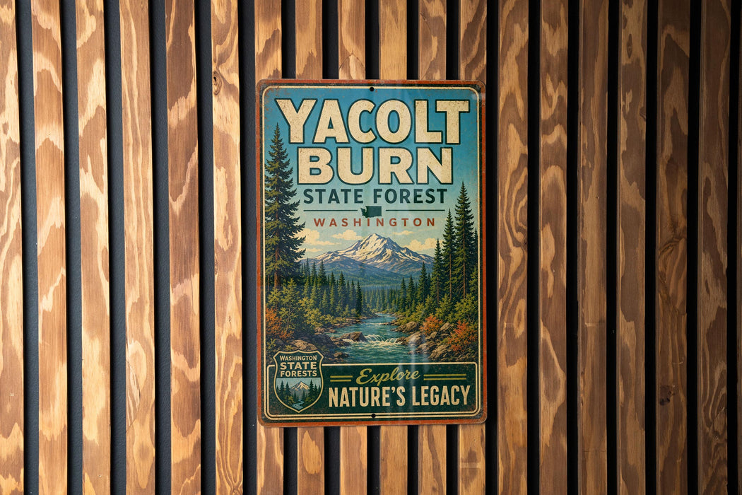 A vintage metal sign for Yacolt Burn State Forest in Washington, featuring a scenic image of a forest and a mountain.