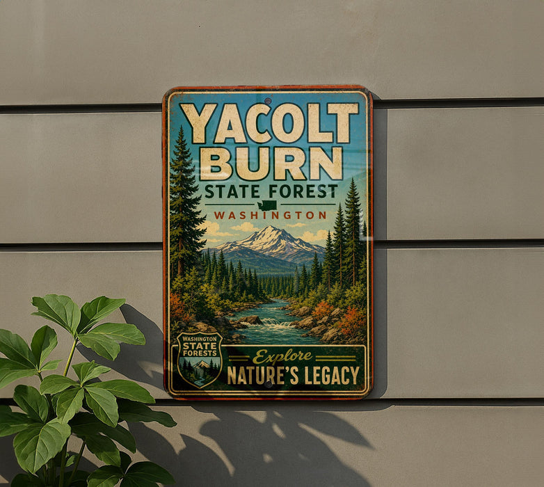 A vintage-style metal sign for Yacolt Burn State Forest in Washington, featuring a scenic mountain landscape and a river.
