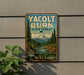 A vintage-style metal sign for Yacolt Burn State Forest in Washington, featuring a scenic mountain landscape and a river.