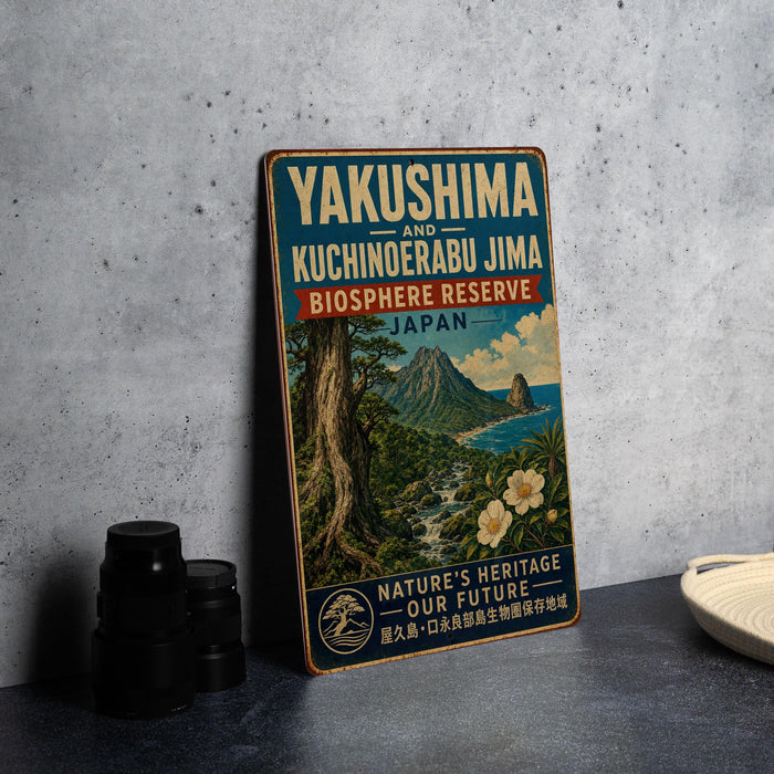 A vintage-style metal sign with text and an illustration of a mountainous landscape, placed on a gray countertop next to some camera equipment.