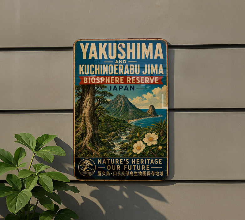 A vintage-style sign for the Yakushima and Kuchinerabu Jima Biosphere Reserve in Japan, featuring a lush tropical landscape with a mountain and a waterfall.