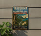 A vintage-style sign for the Yakushima and Kuchinerabu Jima Biosphere Reserve in Japan, featuring a lush tropical landscape with a mountain and a waterfall.