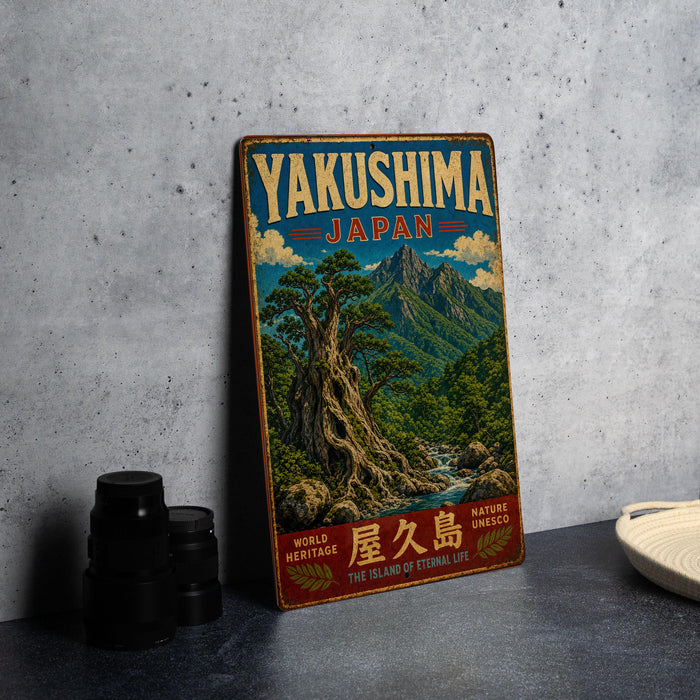 A vintage-style sign for YakUSHIMA, Japan, featuring a scenic landscape with mountains, trees, and a waterfall.