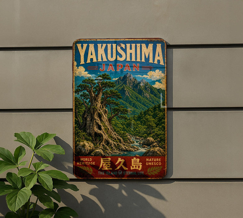 A vintage metal sign with the text "Yakushima Japan" and a scenic image of a mountainous landscape with a river, hanging on a wall.