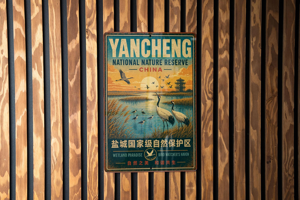 A vintage-style metal sign for the Yacheng National Nature Reserve in China, featuring a serene landscape with birds and water.