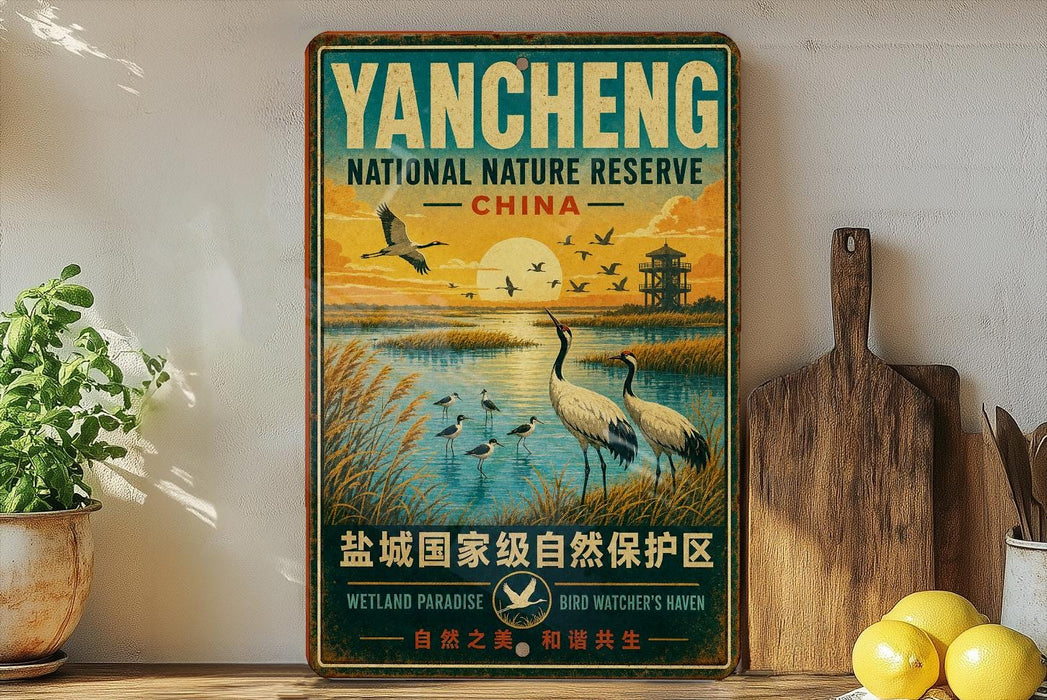 A vintage-style sign for the Yacheng National Nature Reserve in China, featuring a scenic landscape with birds and a sunset.