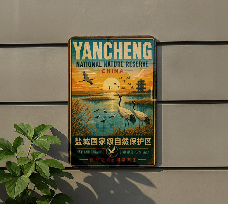 A vintage-style metal sign for the Yacheng National Nature Reserve in China, featuring a serene landscape with birds and a sunset.