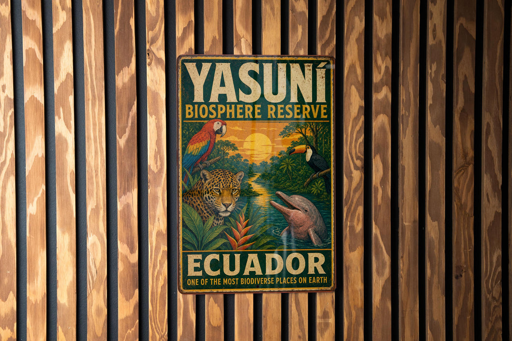 A vintage-style metal sign for Yasuni Biosphere Reserve, featuring an illustration of a jaguar, parrot, and dolphin, with the text "Yasuni Biosphere Reserve Ecuador" and "One of the most biodiverse places on earth".